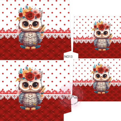 Toalhas com estampa de coruja colorida, bolinhas vermelhas e padrão vermelho acolchoado