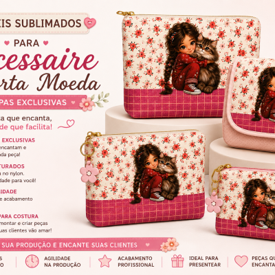 Painéis sublimados para nécessaire e porta-moeda com menina e gato em fundo floral e padrão xadrez rosa.