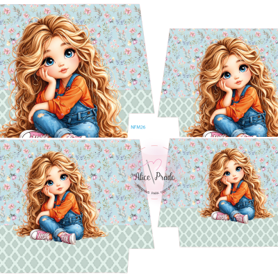 Caixa decorativa com ilustração de menina loira de olhos azuis em fundo floral azul e padrão cinza.