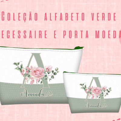 Dois nécessaires verde claro e branco com letra A, flores e nome Amanda, texto Coleção Alfabeto Verde Necessaire e porta moeda