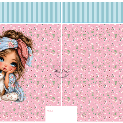 tecido estampado com menina e gato, fundo rosa com flores