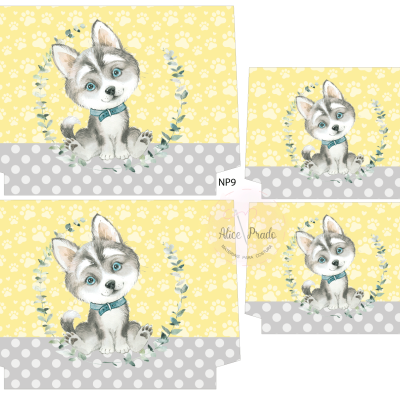 Embalagens com ilustração de cão e padrão de patas amarelo e cinza