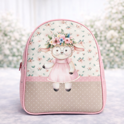 Mochila infantil rosa com estampa de cordeiro com flores