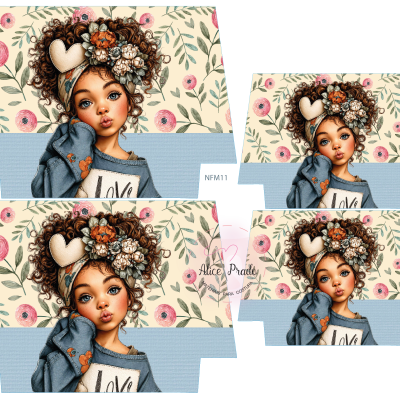 Ilustração de boneca com cabelo encaracolado, vestido azul e fundo floral