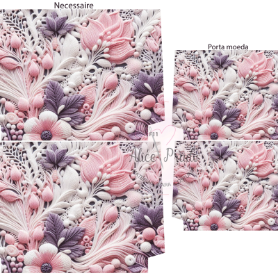 Conjunto de necessaire e porta moeda com padrão floral em tons de rosa, branco e roxo