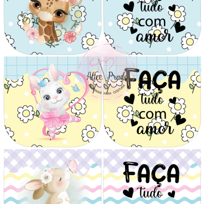 Babetes infantis com desenho de girafa, coelha bailarina e coelho, com texto FAÇA tudo com amor