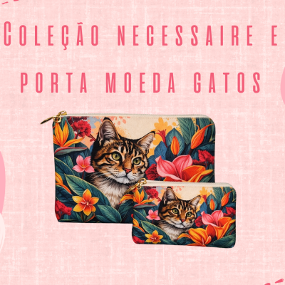 Necessaire e porta moeda com estampa de gato e flores sobre fundo rosa