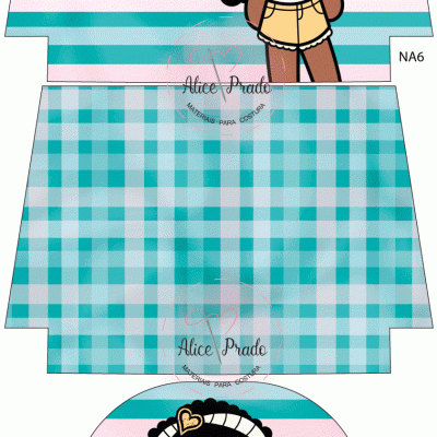 Padrão para caixa com ilustração de criança com óculos sobre fundo riscado e xadrez