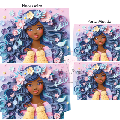 Necessaire e porta-moeda rosa e lilás com ilustração de rapariga e flores