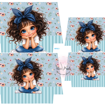 Desenho animado de criança com cabelo encaracolado, laço azul e fundo floral azul