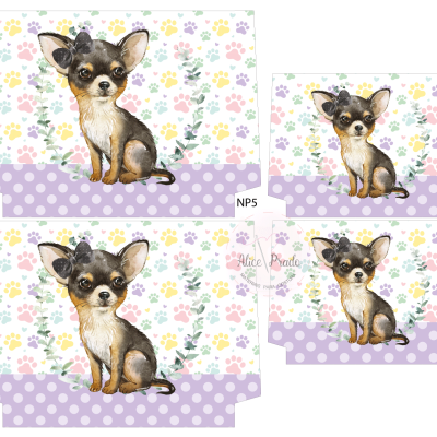 Caixa decorativa com imagem de cão Chihuahua e padrão colorido.