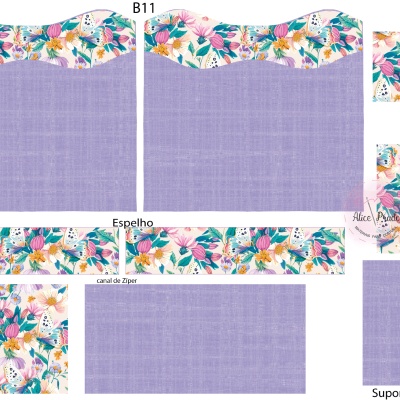 Peças de tecido com padrões florais e lilás para costura com etiquetas e texto visível
