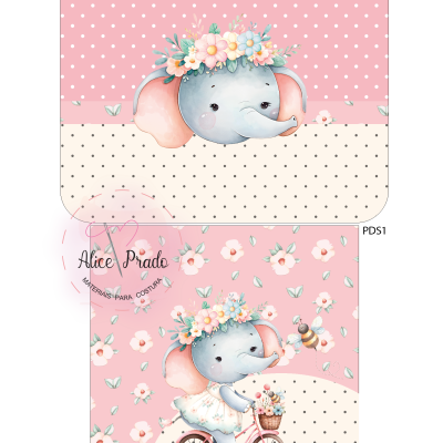 Ilustração de elefante com flores e bicicleta em fundo rosa com bolinhas