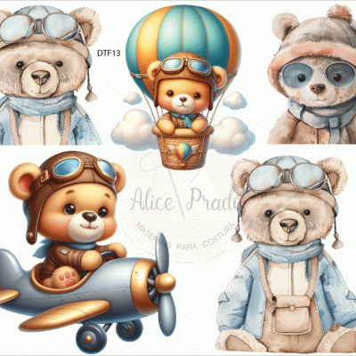 Cinco ursinhos em desenho animado com roupas e acessórios de aviador e balão colorido