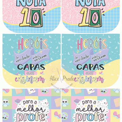 Capas coloridas para cadernos com textos para professores e padrões geométricos e de corujas