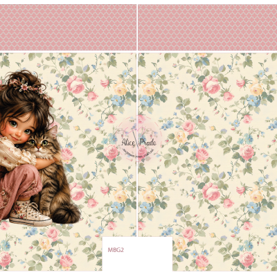 Tecido floral creme com menina a abraçar gato e texto Alice Prado