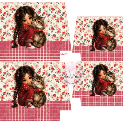 Papel estampado com menina e gato em padrão floral e xadrez