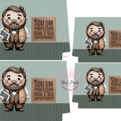 Ilustração de professor cartoon com texto 'SOU UM PROFESSOR QUAL É SEU SUPERPODER?' em embalagem