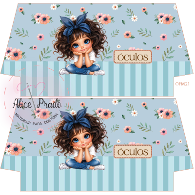 Molde para caixa floral azul com ilustração de menina e texto óculos