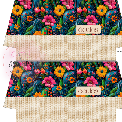 Embalagens para óculos com padrão floral colorido e textura bege de juta