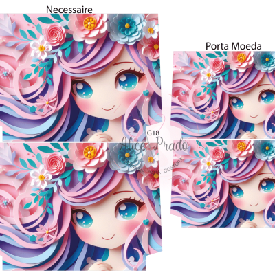 Necessaire e porta moeda com ilustração colorida de rosto feminino e flores
