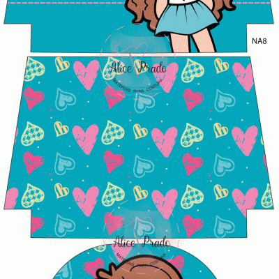 Modelo de embalagem com corações coloridos e ilustração de rapariga