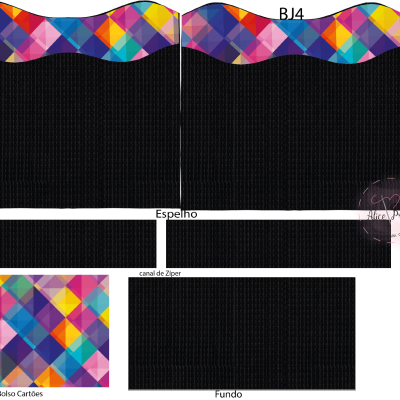 Peças de tecido preto e colorido cortadas para montagem de bolsa com etiquetas descritivas