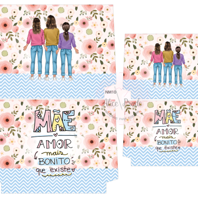 Quadro decorativo com três mulheres de costas e texto sobre mãe e amor, fundo floral rosa e padrão de ondas azul