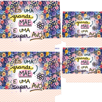 Caixa decorativa com padrão floral e texto colorido em português