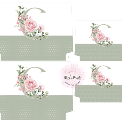 Três caixas para imprimir com padrão de pontos verdes e decoração floral rosa