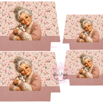 tecido com padrão floral e imagem de senhora idosa com gato