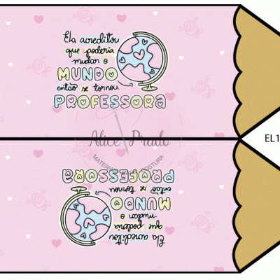 Caixa em forma de lápis cor-de-rosa com texto e ilustração de globo