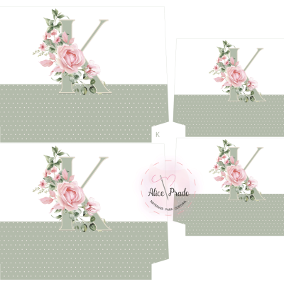 Moldes de caixas em papel com padrão branco e verde decorados com letra V e flores rosas