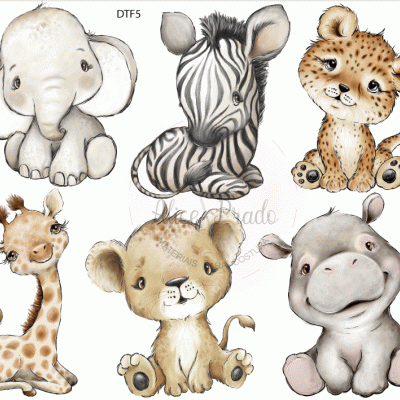 Desenhos de seis animais bebés fofos: elefante, zebra, leopardo, girafa, leão e hipopótamo.