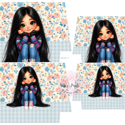 Padrão de tecido com ilustração de menina juvenil com roupas coloridas, fundo floral e padrão xadrez azul claro.