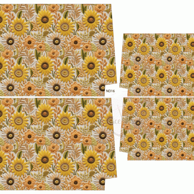 Toalhas retangulares com padrão de girassóis em tons de amarelo, castanho e bege