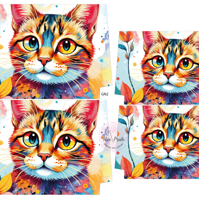Estampas coloridas de gato com olhos grandes e flores ao fundo