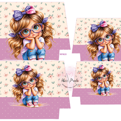 Embalagem de papel com desenho de menina de óculos e laços, fundo floral e lilás com pontos brancos