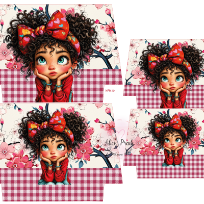 Papel para caixa decorativa com menina caricatura, flores rosa e padrão xadrez vermelho e branco.