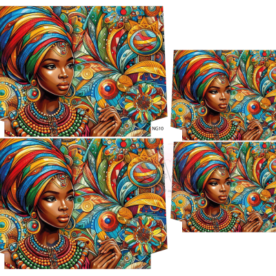 Quadros coloridos com retrato de mulher africana e padrões vibrantes