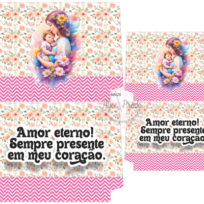 Embalagens com padrão floral, chevron rosa, ilustração de mulher com bebé e texto sentimental.