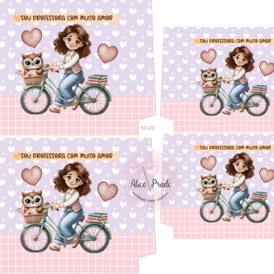 Ilustração de mulher numa bicicleta com coruja, fundo lilás com corações e padrão xadrez rosa