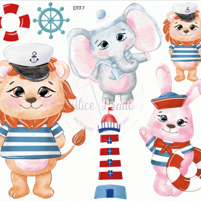 Desenhos coloridos de animais marinheiros, farol, anel salva-vidas e timão.