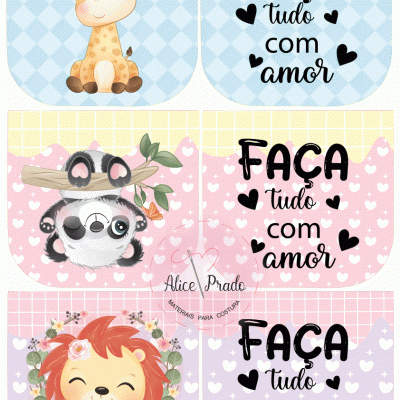 Três conjuntos de estampas infantis com animais e texto motivacional em fundo colorido.