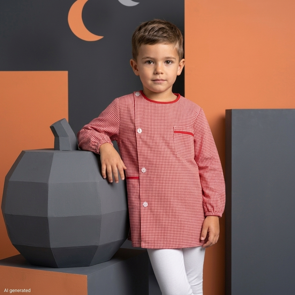 Bata escolar menino vermelha Camisola xadrez vermelha e branca infantil com botões e detalhes vermelhos
