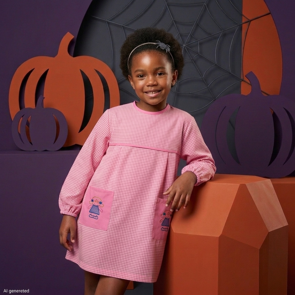 Bata escolar menina rosa c/ Bordado Vestido rosa de criança com bolsos bordados e cenário decorativo de Halloween com abóboras e teia de aranha.