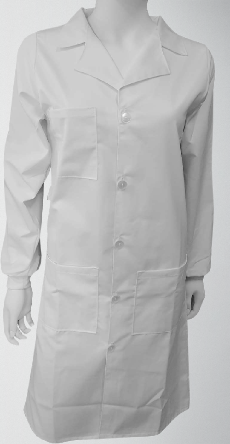 Bata com botões à frente - Punho de malha Bata branca com botões frontais e três bolsos