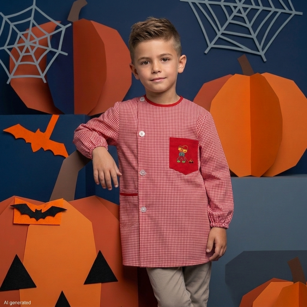 Bata escolar menino vermelha c/ bordado Camisola infantil xadrez vermelho e branco com bolso vermelho e botão, cenário Halloween com abóboras e morcegos
