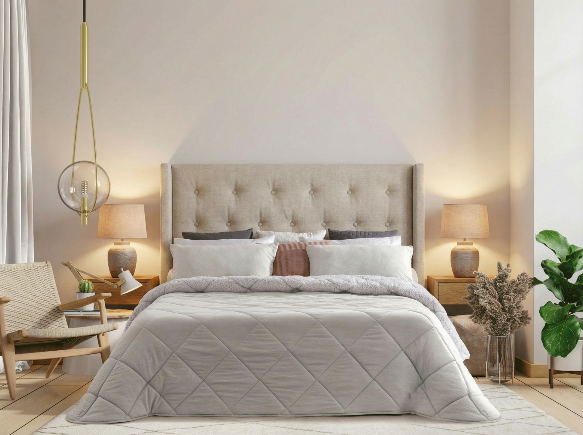 Edredão Al-Aurora Cama grande com cabeceira estofada bege e edredão cinzento em quarto moderno e luminoso