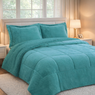 Conjunto de cama azul turquesa num quarto moderno com mesas de cabeceira e candeeiros